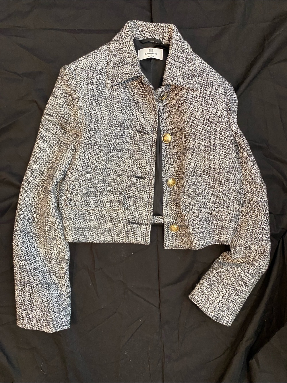 Babaton Black and White Tweed Cropped Jacket with Gold Buttons